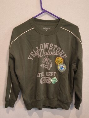 Rebellious One Olive Crewneck with Yellowstone Wolves Graphic Small